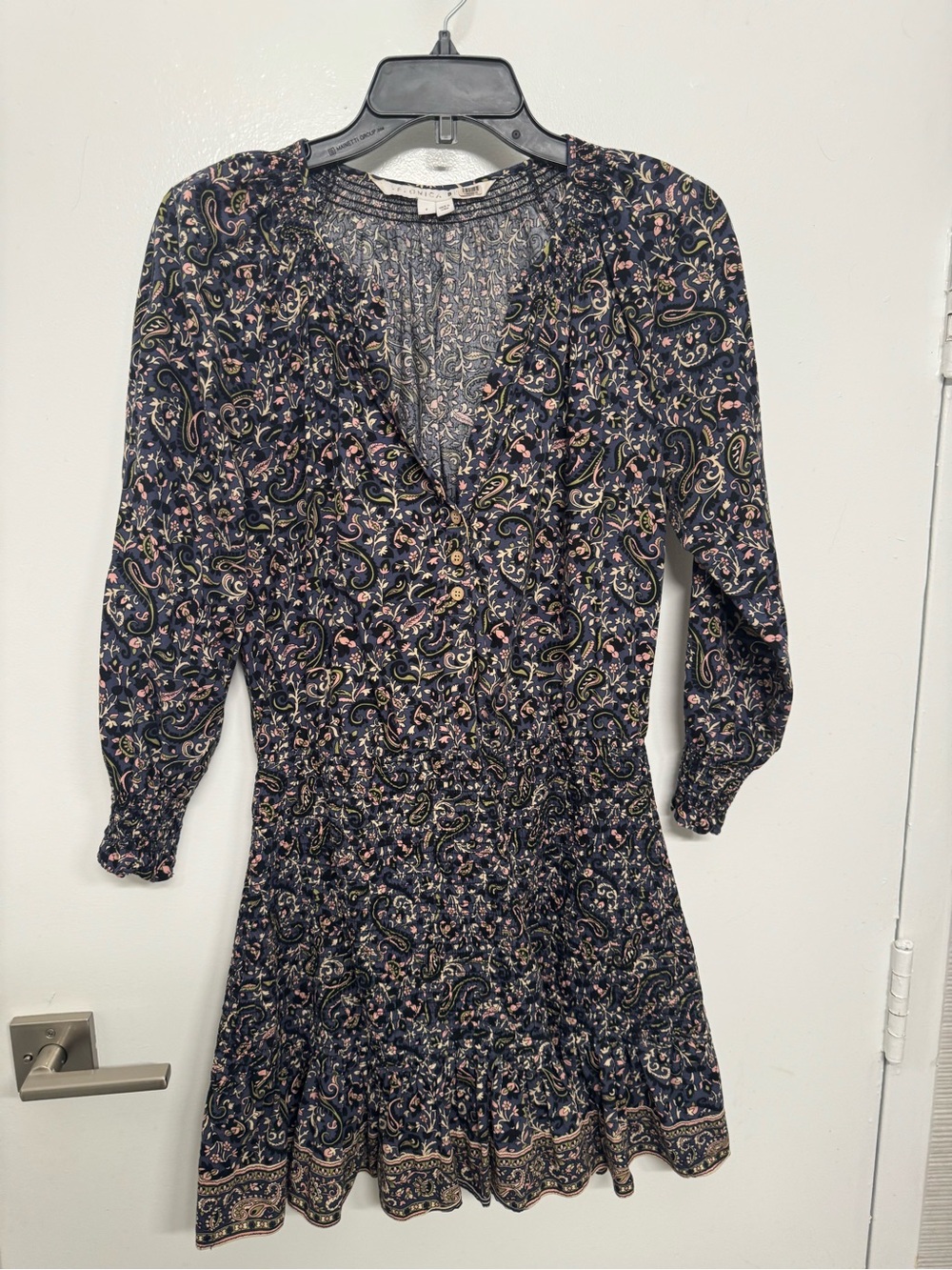 Veronica Beard Navy Paisley Ruffle V-Neck Long Sleeve Dress
